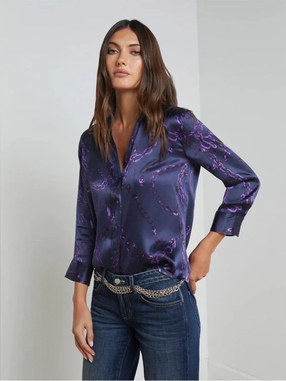 L'Agence Dani Blouse in Midnight/Purple Sketch Chain